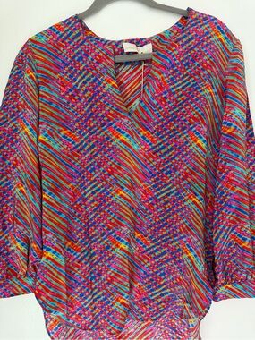Amanda Uprichard Vibrant Pink Turquoise Orange Blue Patterned V-Neck Tunic